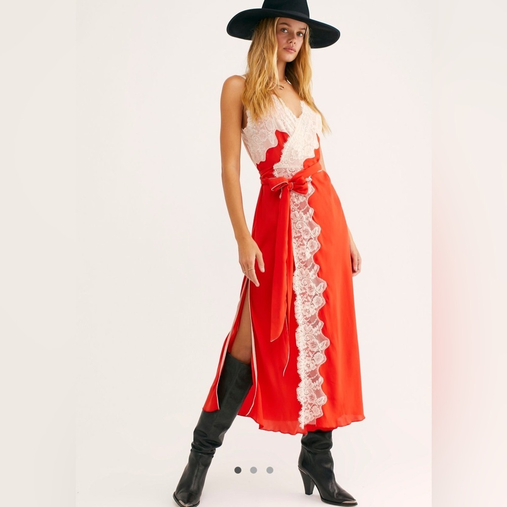 Free People Red and White Lace Maxi Dress